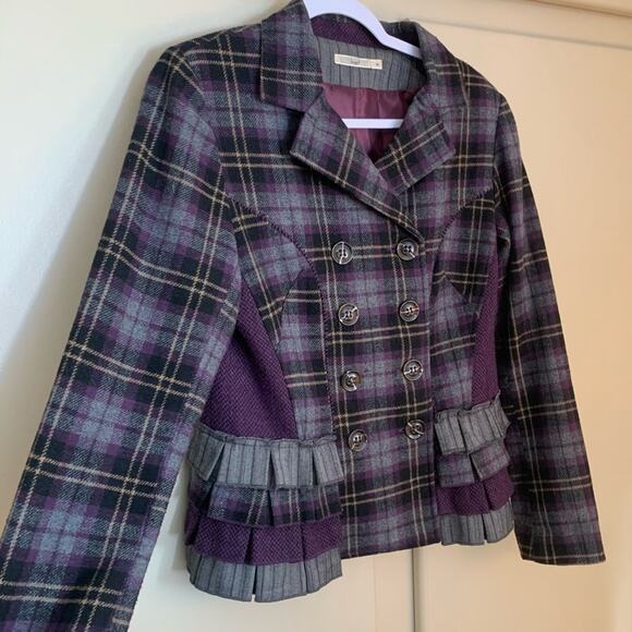 Hazel Tweed Black & Purple Plaid Double Breasted Coat jacket women’s size Medium - Picture 2 of 9